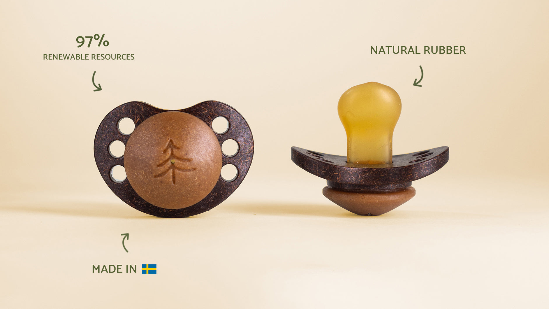Naturlig napp från Skogen Baby tillverkad av 97 % förnybara material och naturligt gummi, miljövänlig och producerad i Sverige.